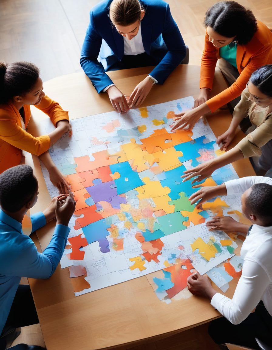 A diverse group of professionals collaboratively solving a puzzle, symbolizing unity and effective communication. The background features a vibrant office space filled with charts and diagrams of organizational structures, highlighting insight and strategy. Bright colors to represent energy and optimism in overcoming challenges. super-realistic. vibrant colors.