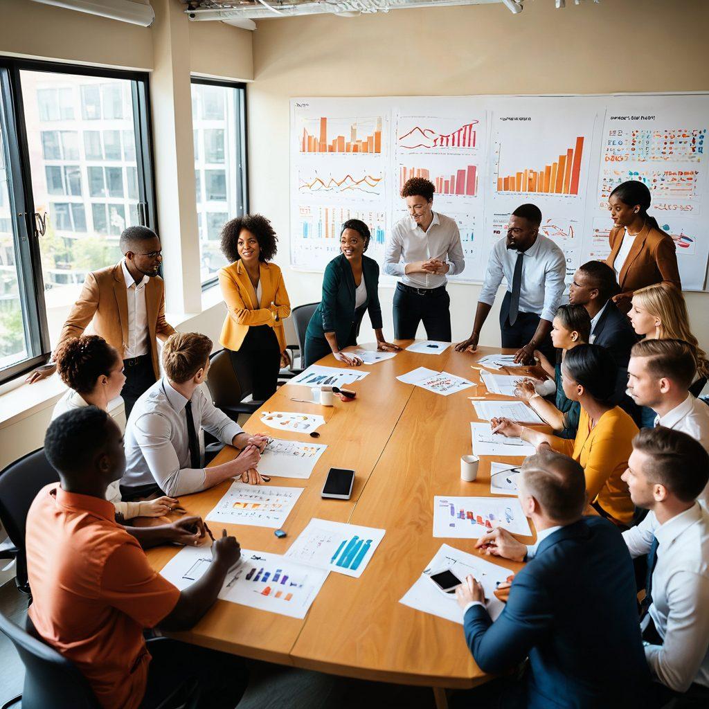 A diverse group of people collaboratively working at a large conference table, surrounded by charts and strategy diagrams, illustrating teamwork and cohesion. The scene should show a mix of professionals engaged in discussion, highlighting different perspectives. Use warm colors to convey camaraderie and empowerment, with soft lighting that creates an inviting atmosphere. super-realistic. vibrant colors.