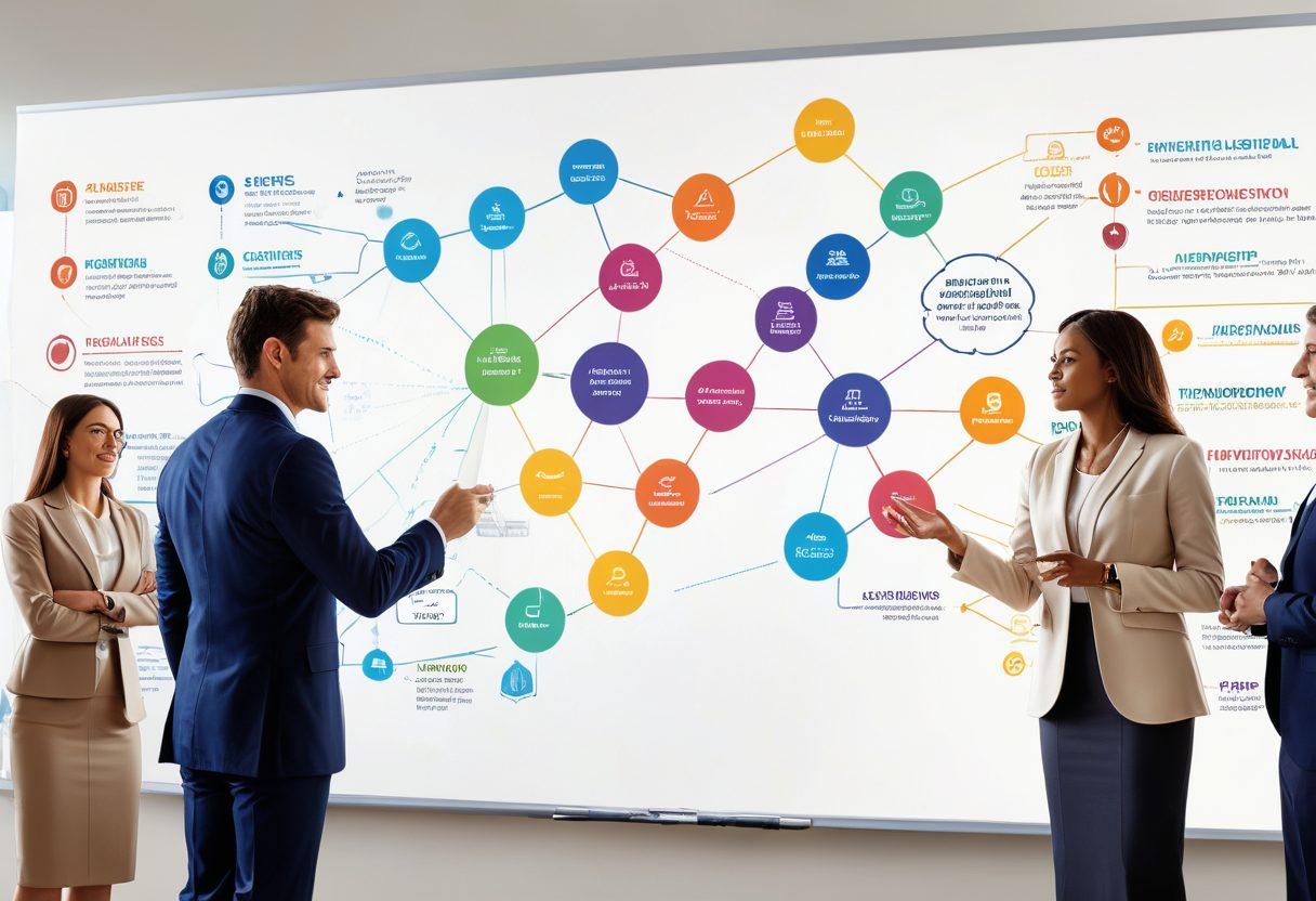 A dynamic organizational chart depicting divisional structures, showcasing various departments interconnected through strategic pathways. In the foreground, a diverse group of professionals in business attire is engaged in a brainstorming session, emphasizing collaboration and decision-making. Background elements include symbolic icons representing challenges such as time management, communication, and innovation. The scene is infused with a sense of energy and forward-thinking. vibrant colors. 3D.